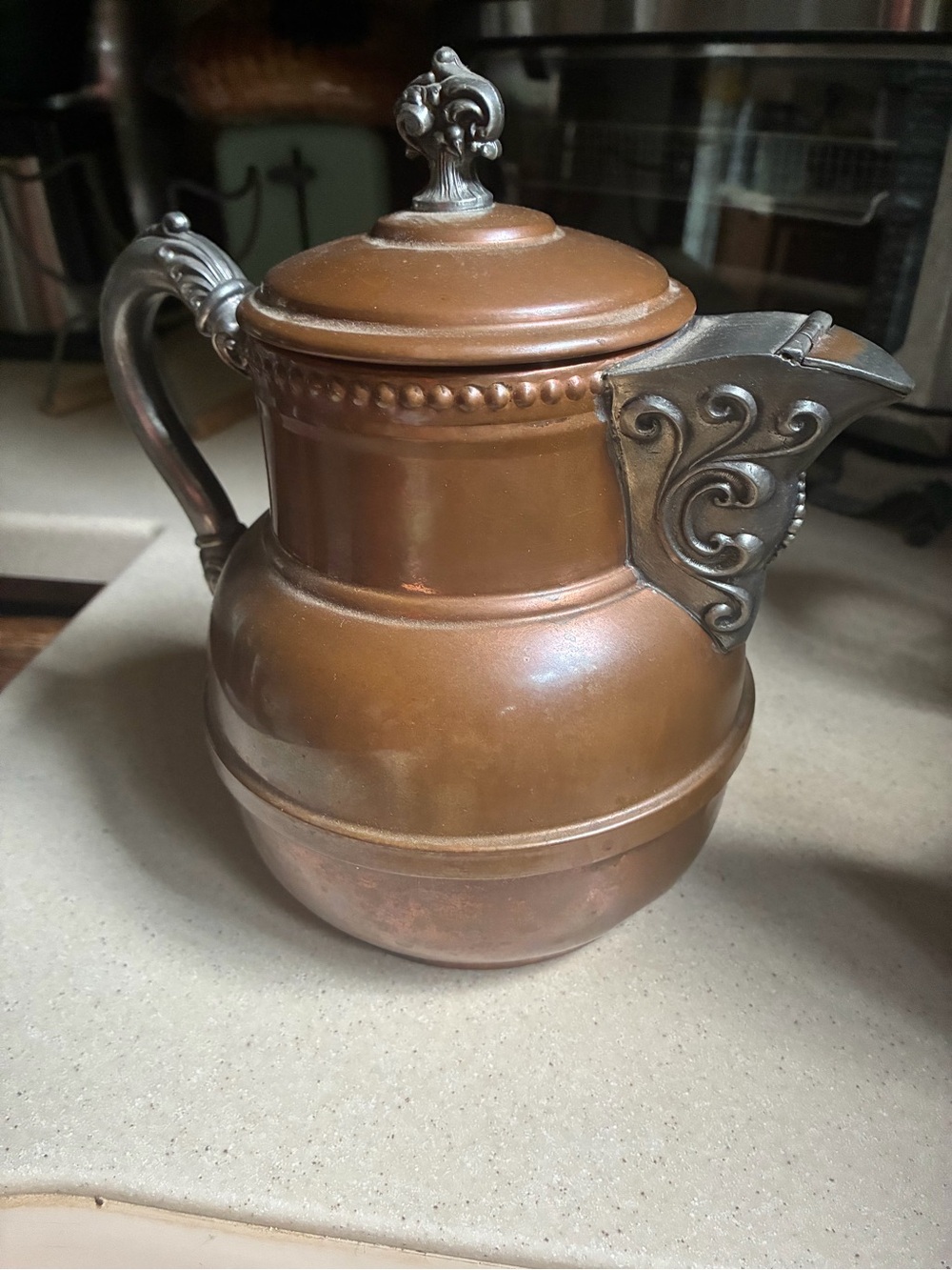 Ornate Copper metal/Pewter tea pot with scrolled Silver Accents Vintage Item